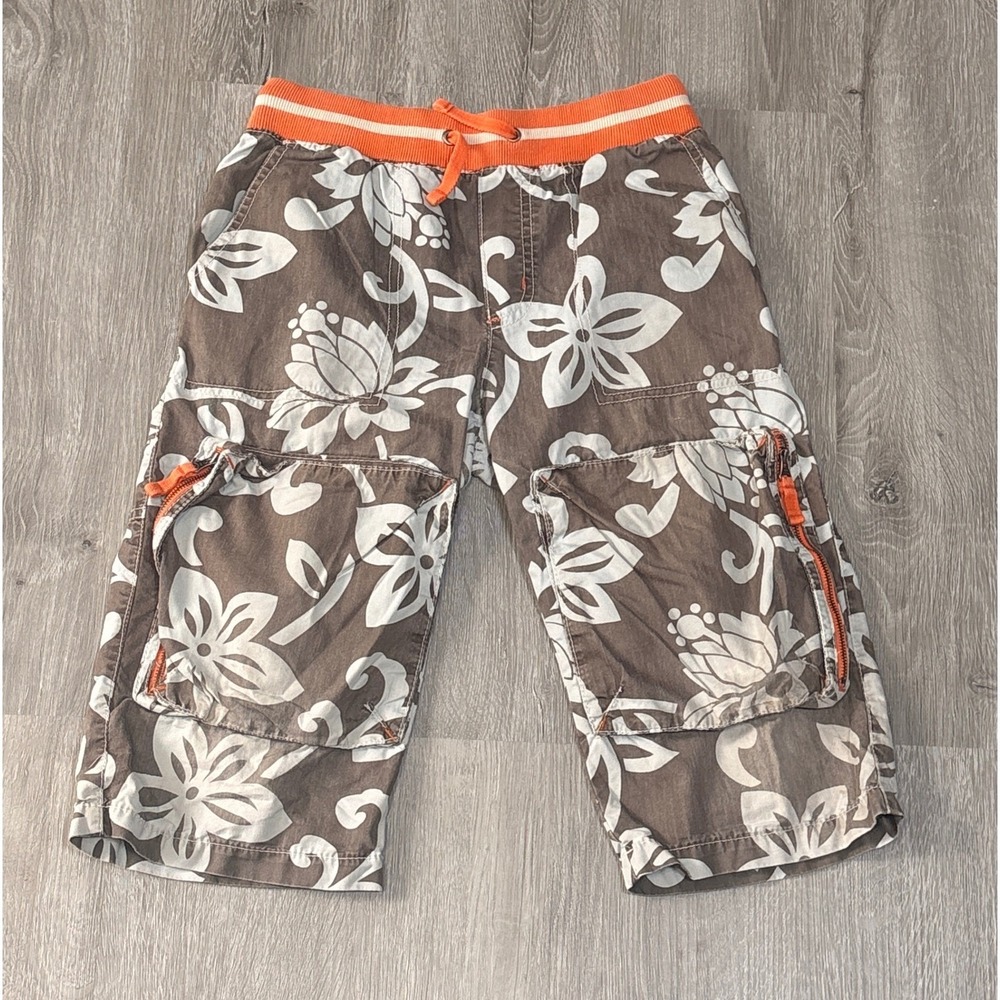 Mini Boden Boys Brown Floral Cargo Shorts Orange Waistband Size 10Y